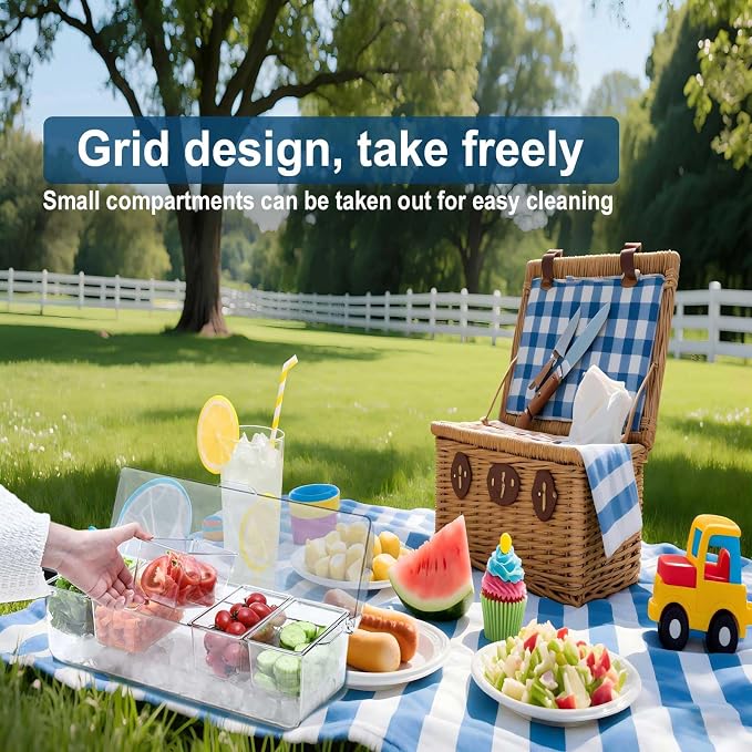 Large Ice Chilled Condiment Caddy，Chilled Condiment Containers Server with Lids for 5 Removable Compartments ，Serving Platters, Fruit & Garnish Tray for Party Supplies & Bar Accessories