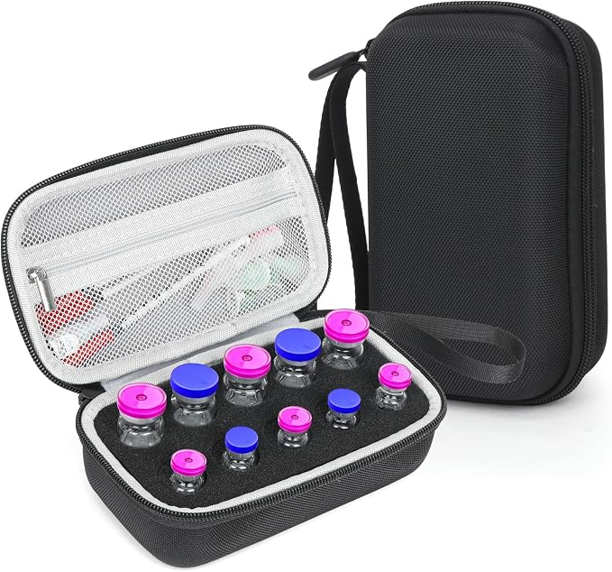 Peptide Case for Fridge & Insulin Travel Case, Adjustable 10-Slot Diabetes Care Supply Holder for 3ml/5ml/10ml Vials, Peptide Vials Storage Kit for Syringes, Alcohol Pads & Diabetic Essentials