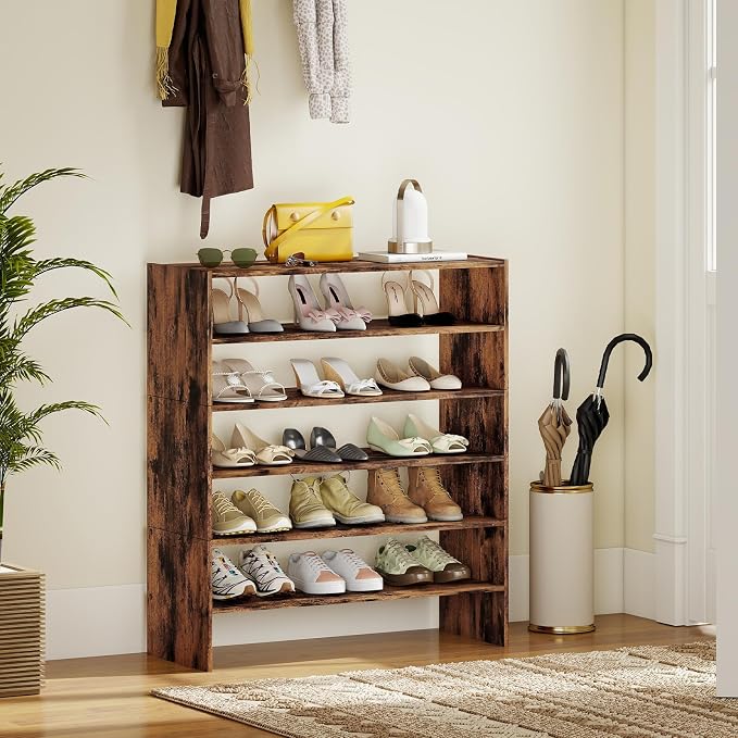 COSTWAY 6-Tier Shoe Rack, Extra Wide Shoe Shelf Organizer | Stackable Design, 31" Freestanding Adjustable Storage Shoe Stand for Small Space Entryway Hallway Closet (2,Rustic Brown)
