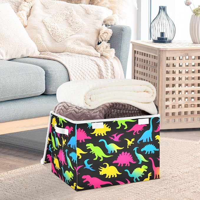 Storage Bins with Lid Colorful Dinosaurs Foldable Storage Boxes 40L Baskets | Decorative Storage Boxes, 300D Oxford Cloth, Hollow Board Frame, Flip Top Velcro Lid, 16.5x12.6x11.8 inch, Collapsible Design