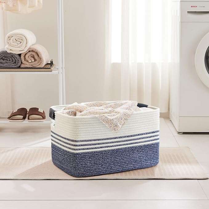 60L Woven Laundry Basket Hamper with Leather Handles,Denim Blue | collapsible wicker hamper, storage for dirty clothes, toys, blankets, gifts, living room, bedroom, bathroom, 21"x15"x11"