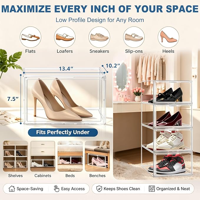 2 Pack Low Profile Clear Shoe Storage Box for Flats,Loafers,Heels | Space-saving design fits under shelves and cabinets.Perfect for flats, loafers and everyday footwear.Fit up to size 12 or 13