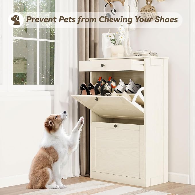 Wooden Shoe Rack with 2 Flip Drawers, Entryway Shoe Storage Cabinet | Freestanding Modern Shoe Organizer with Adjustable Shelves, Small Closed Shoe Rack Cabinet for Front Door Entrance,Light Oak