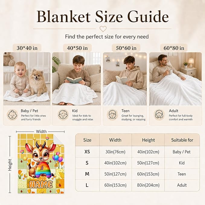 Blanket for Girls Custom Deer Throws, Personalized Animal Blanket for Kids | Custom Monogram Present, Multiple Sizes, Bed Blanket, Easy Care, Sofa Throw