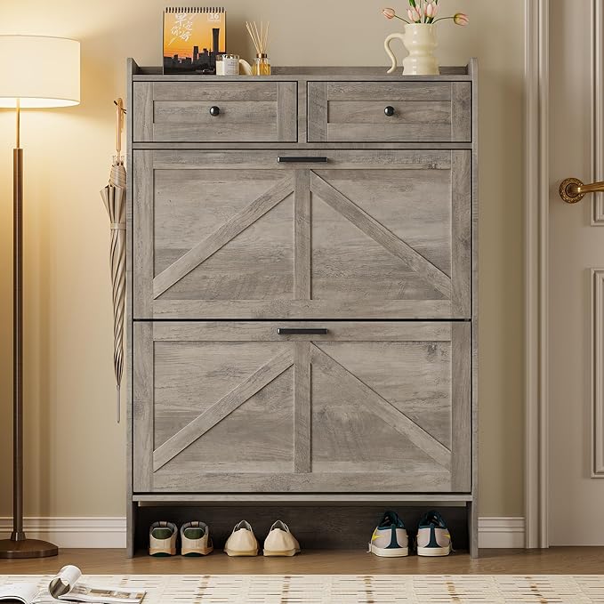 BORNOON Shoe Storage Cabinet for Entryway, Farmhouse Narrow Shoe Cabinet with 2 Flip Drawers & Top Drawers, Adjustable Shelves & Hooks, Freestanding Hidden Rack Organizer for Hallway, Foyer