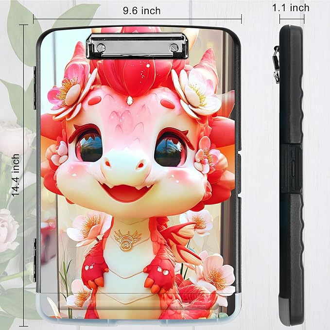 A4 Clipboard with Storage Pen Holder, Clipboards Organizer Nursing Clipboard Foldable File Folder Plastic Clipboard Folio Clip Board for Office Work Classroom Doctor, Pink Dragon
