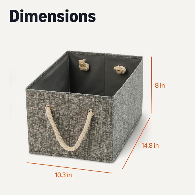 Amazon Basics Foldable Storage Bins with Rope Handles, Closet Organizers, Storage Baskets for Organizing, Large, Charcoal, 3-Pack