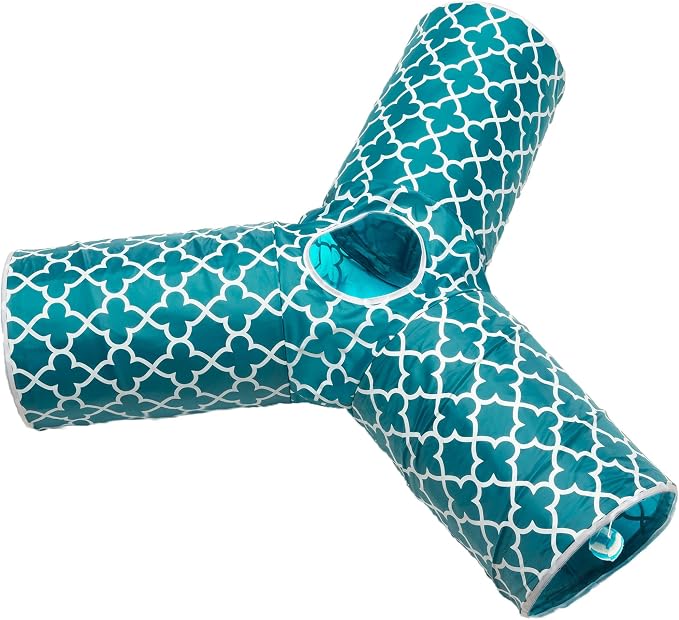 Cat Tunnel - Collapsible 3 Way Quatrefoil Play Toy - Tube Fun for Rabbits, Kittens, and Dogs - Quatrefoil Teal/White