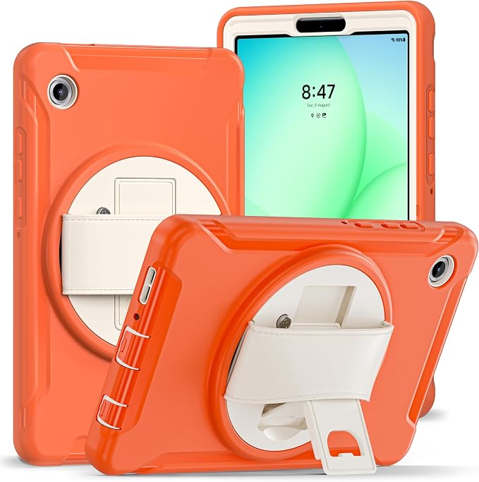 for Samsung Galaxy Tab A11 (2025) 8.7 inch Case 5G with Screen Protector, Hand Strap, Pen Holder & 360° Rotating Stand,Shockproof Protective Cover for SM-X130/X133/X135 (Orange)