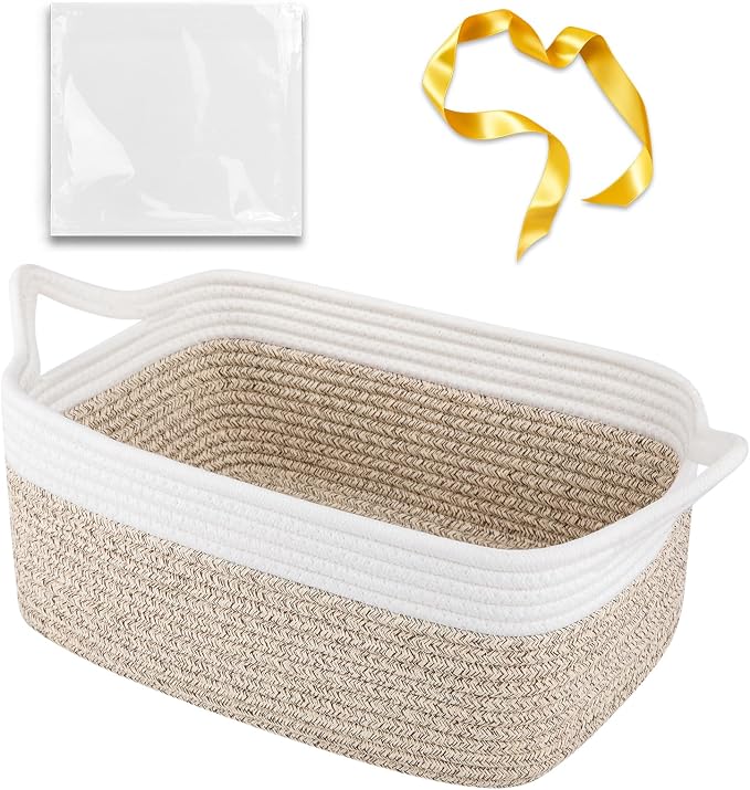 OIAHOMY Woven Basket, Gift Basket Empty with Gift Bags and Ribbons, Rope Baskets for Baby Showers, Storage Baskets with Handles for Nursery, Pet Toy Organizer - Brown & White