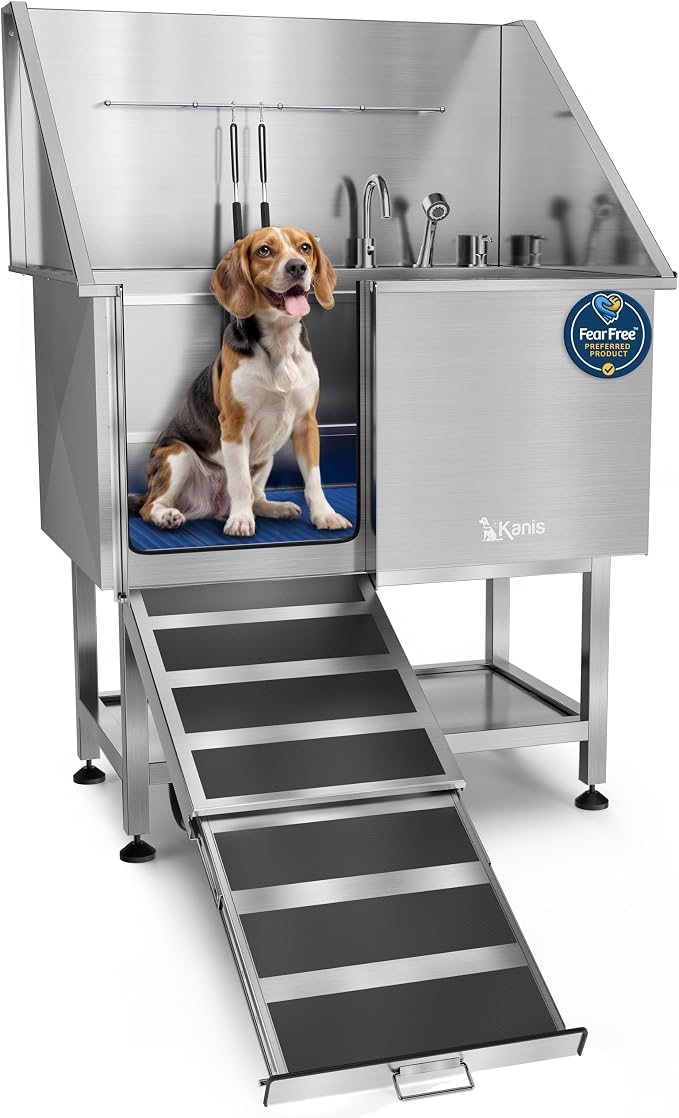 Professional Dog Washing Station 304 Stainless Steel Pet Wash Sink | Grooming Bathtub w/Shower, Floor Grates and Storage for Large, Medium & Small Pets