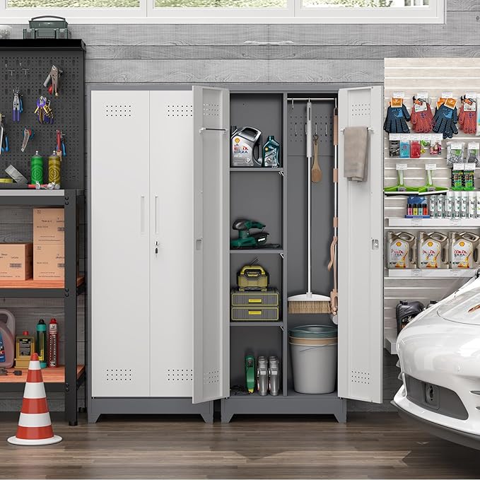 65" H Metal Garage Storage Cabinets with Doors and Shelves, Locking Cabinet, Broom Closet Storage Cabinets with Hanging Rod, Functional Tool Cabinet for Home, Garage, Kitchen