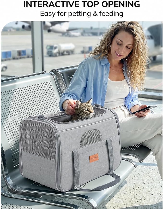 Morpilot Airline Approved Cat Carrier for Pets up to 15lbs,16.5" x11" x11" | Soft-Sided Pet Travel Carrier with 4-Sided Mesh Ventilation for Cats & Puppies (Light Gray)