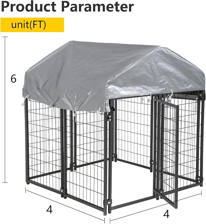 FDW 4 x 4 x 4.3 Ft Dog Kennel Outdoor Welded Wire Heavy Duty Playpen Dog Crate Cage with Waterproof Cover Roof and UV Resistant Pet Kennel Fence with Secure Lock, Black