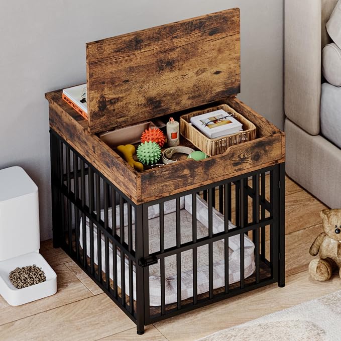 IRONCK Dog Crate Furniture for Small Dogs, Rustic Brown | Wooden Dog Kennel with Flip Top Drawer, Indoor Pet Crate End Table with Charging Station, Steel-Tube Dog Cage