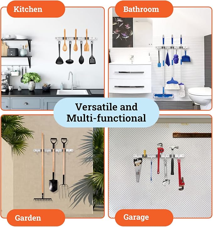 Homely Center Mop and Broom Holder Wall Mount – Heavy-Duty Closet Organizer for Garage, Kitchen, Laundry Organization – Tool Hanger with 3 racks and 4 hooks