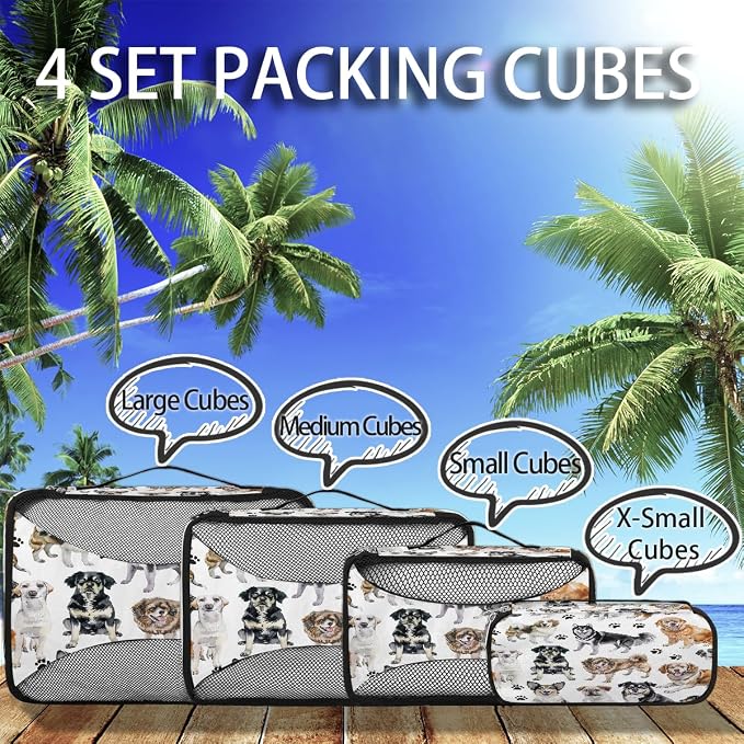 OSAM SPACE Dog Breed Cute 4 Set Packing Cubes for Travel Lightweight Suitcase Cube Storage Organizer Luggage Space Saver Packing Bags for Vacation Business Camping