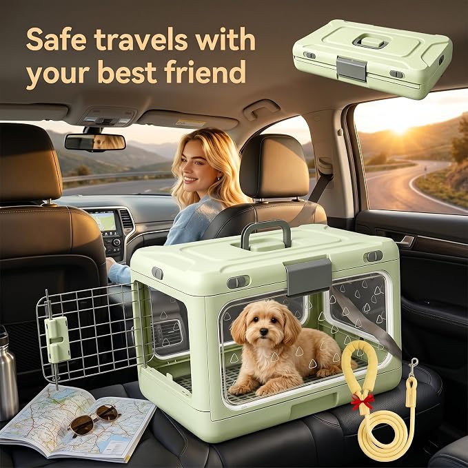 Foldable Hard Cat Carrier, Transparent Pet Crate for Cats & Small Dogs, Collapsible Travel Kennel with Ventilation & Urine Pad Mesh Grid, Portable Travel cage, Essential for pet Travel, Apricot