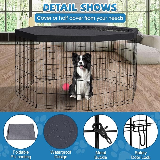Artmalle Dog Playpen 30" H, 8 Panel 24" W Pen with Door & Octagonal Pad | Eight 24"W x 30"H rustproof metal panels with door and waterproof 600D Oxford octagonal bottom pad for indoor use.