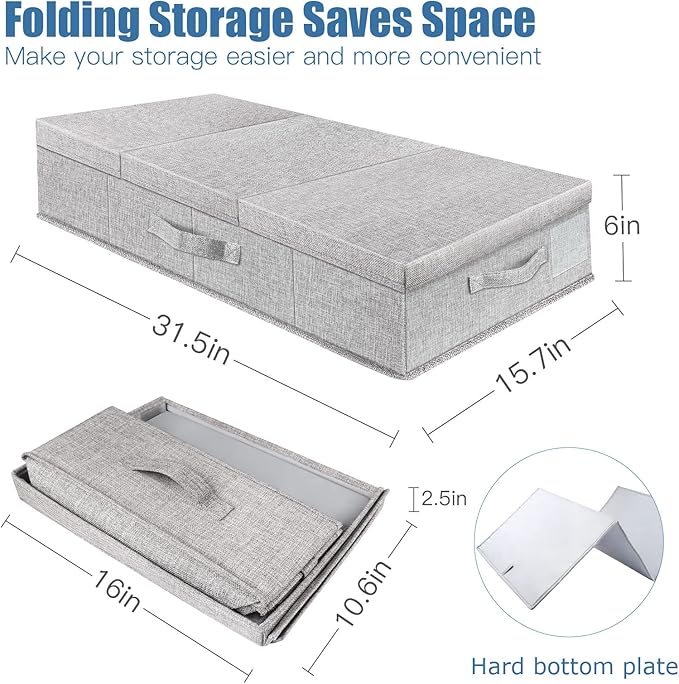 Supowin 2Pack Large Underbed Storage Containers Bin with Lids, Gray | 6 Inches Tall Under Bed Storage Organizer Box with Handles, Foldable Closet Organizer for Clothes, Blankets, Seasonal Items