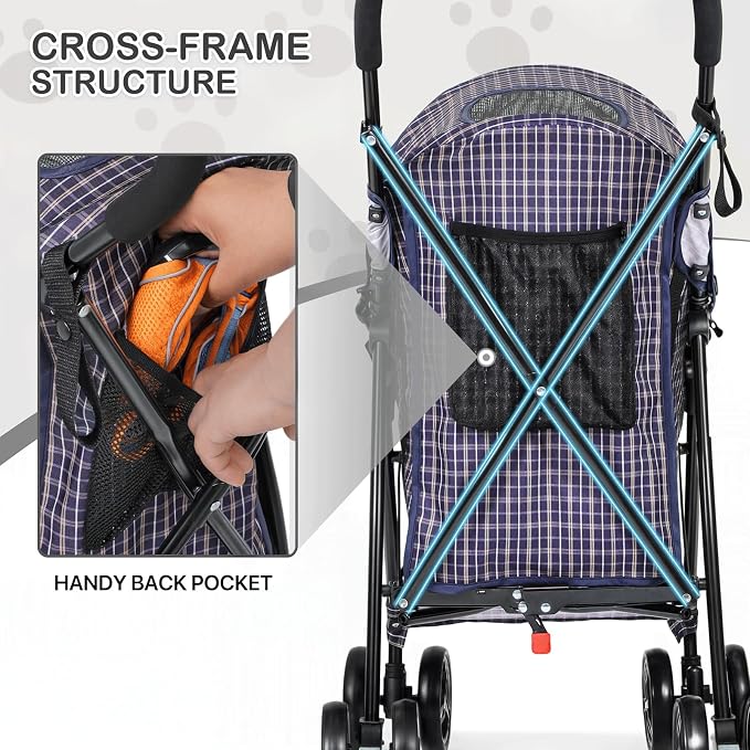 MoNiBloom Pet Stroller for Small/Medium Dogs and Cats up to 22 lbs, Plaid | Foladble 4 Wheels Easy-Fold Puppy Cage Jogger Stroller with Sun Cover, Pad and Rear Storage Bag, Breathable and Visible Mesh
