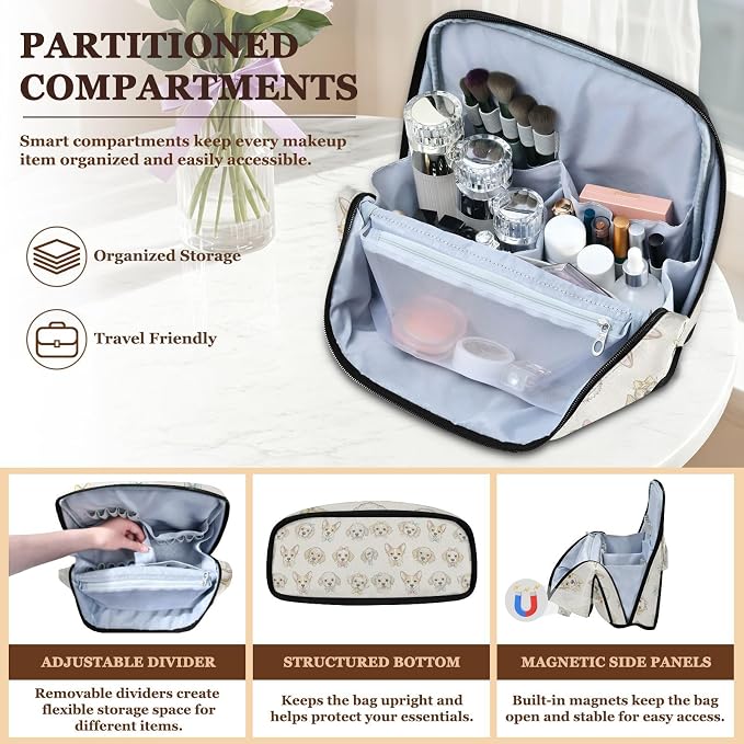 Pets Dogs Travel Makeup Bag Large Cosmetic Pouch Organizer | Toiletry Bag with Adjustable Dividers, Padded Protection, Luggage Strap, Multiple Pockets for Women Travel Essentials