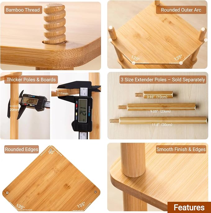3-Tier Bamboo Corner Shelf, Kitchen Countertop Storage Organizer, Cabinet Plate Rack for Pantry Organization, Bathroom, Desktop, 9.4 x 9.4 x 11.4 Inch