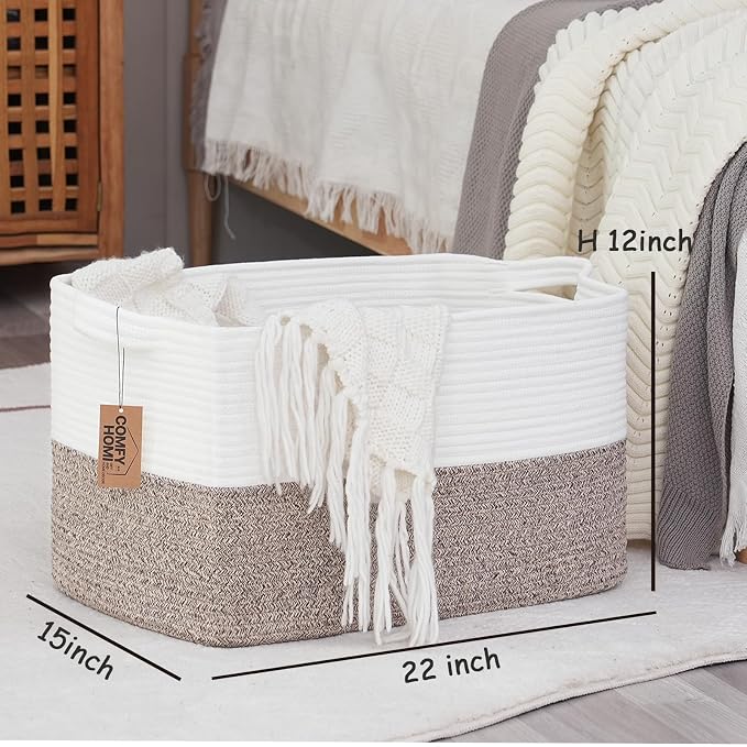COMFY-HOMI Large Rectangular Blanket, Cotton Rope Woven for Storage, LaundryHamper, Storage,Toy Organizing Bin with Handle, Organizer and Storage-22x15x12-