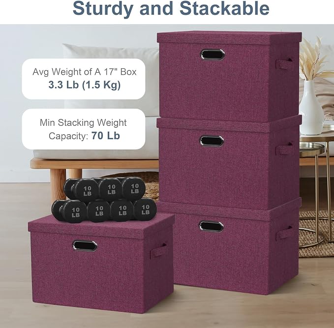 Storage Bins with Lids Fabric Closet Organizers Cubes Office Organization | 36 Quart 3 Pack Purple Collapsible Stackable Linen Fabric 4 Handles Bedroom Closet Cabinet Under Bed Clothes Toy Office File