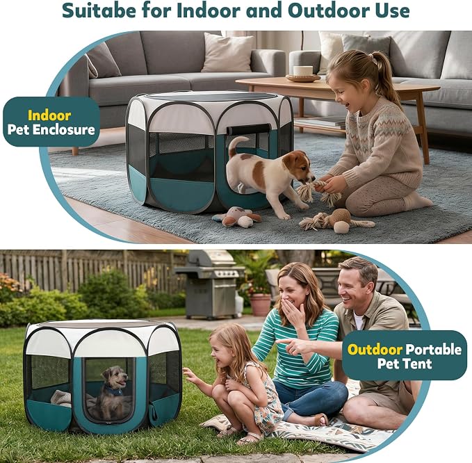 Portable Pet Playpen for Cat Dog: Foldable Cat Play Pen Enclosed Pet 20lbs | Medium 600D Oxford Mesh Small Puppy Kitten Pop Up Kennel Collapsible Carry Bag Waterproof Base Indoor Outdoor Travel Camping