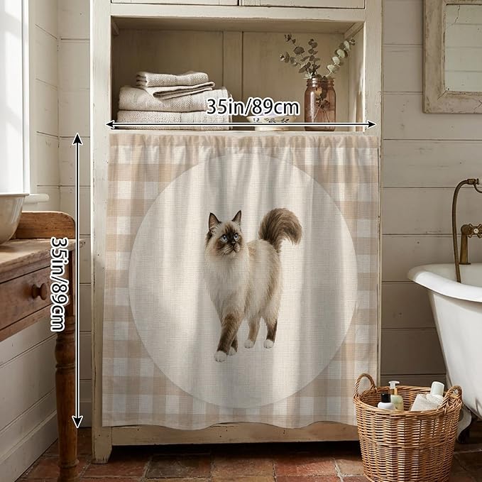 Ragdoll Cat Cabinet Dishwasher Hidden Curtains, Privacy Closet Door Curtain, Vintage Linen Plaid Farmhouse Pet Cats Adhesive Dust Proof Under Sink Skirt for Bathroom Kitchen 35"x35"