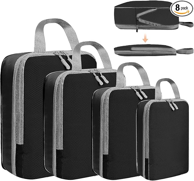 LANSKLBD 6/8 Set Packing Cubes for Suitcases Travel Luggage Packing Organizers,Travel Accessories Essentials Luggage Organizer with Shoe/Tioletry/Laundry Bag (Black-1, 4 set)