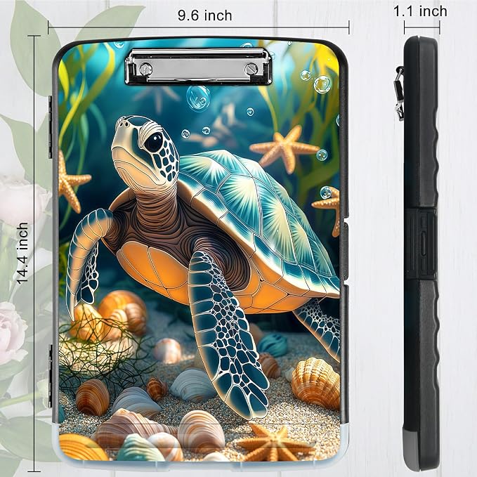 A4 Clipboard with Storage Pen Holder, Clipboards Organizer Nursing Clipboard Foldable File Folder Plastic Clipboard Folio Clip Board for Office Work Classroom Doctor, Sea Turtle Seaweed