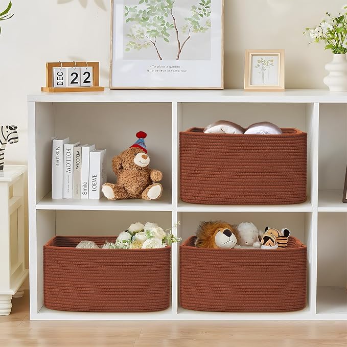 4 Pack Large Storage Basket for Organizing, 17.5"x13"x7" Woven Basket for Shelves, Closet Cube Storage Bins with Wrapped Handle, Cotton Rope Baskets for Kitchen, Clothes, Toys(Oxide Red)