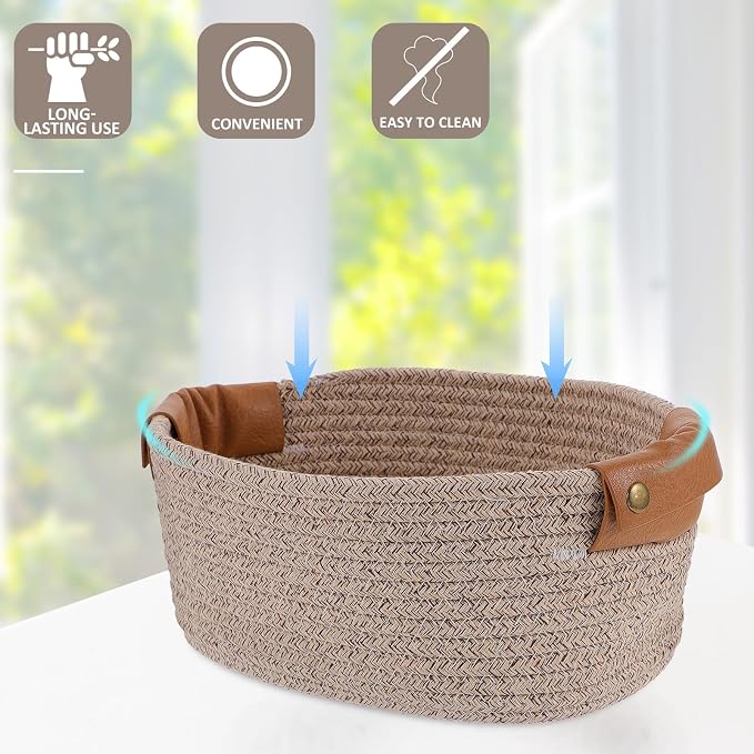 Baluue Small Woven Nursery Basket with Leather Handle for Storage Lightweight Cotton Rope Basket for Bathroom Organizing and Home Decor