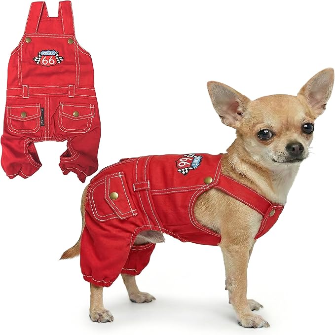 Parisian Pet Red Dog Overalls - Route 66 Denim Dog Clothes - Breathable Sling Puppy Jumpsuit - Durable and Trendy Overalls for Dogs - Comfortable Jeans Dog Clothes for Small Dogs - Classy Pet Apparel