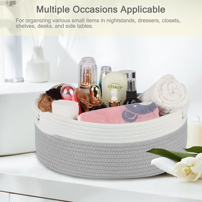 Small Woven Gift Basket with Bag & Ribbons, Cool Gray | Cotton Rope, 13”x 9”x 5.5”, Fits for Kids, Women & Men, Bedroom, Living Room, Nursery & Bathroom Storage, Cat & Dog Toy Boxes