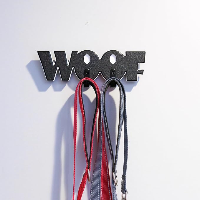 Noble Heritage WOOF Leash & Key Holder – Dual Hook Wall Mount for Dog Leashes, Collars & Keys | Recycled HDPE | Indoor/Outdoor Use | Pet Storage Sign | Made in USA | Black White Black