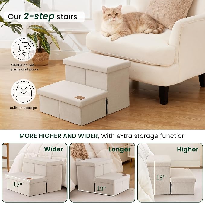 Love's cabin Dog Stairs for High Bed, Foldable Pet Stairs for Small Medium or Large Dogs Puppy with Storage for Bed or Couch, Cat Dog Steps Ramp with Zip up to 200 lbs, Beige, 2 Steps