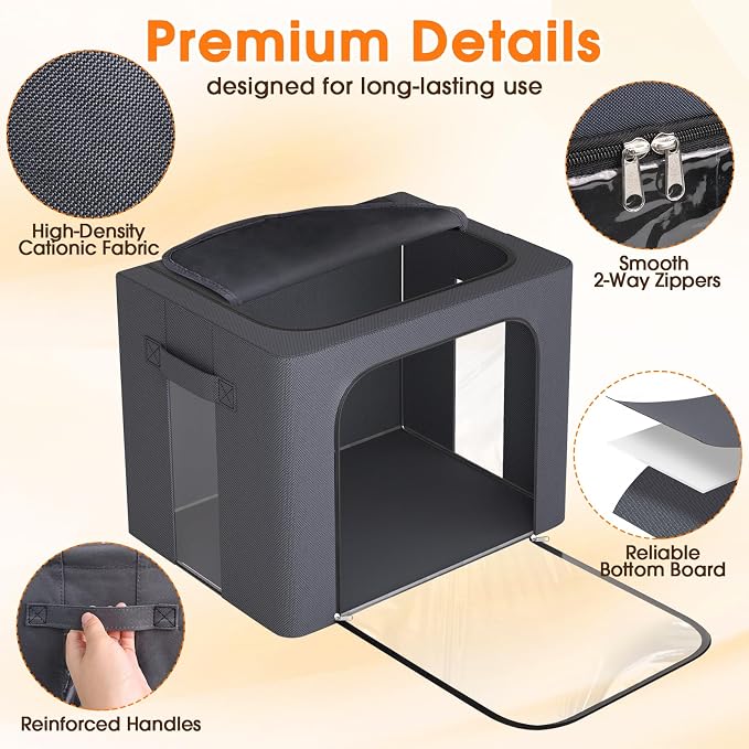 Metal Frame Clothes Storage Bins, Light Grey, 40L, 4 Pack | Foldable Storage Boxes with Clear Window, Front & Top Zipper Openings, Stackable Organizer with Handles for Closet & Bedroom