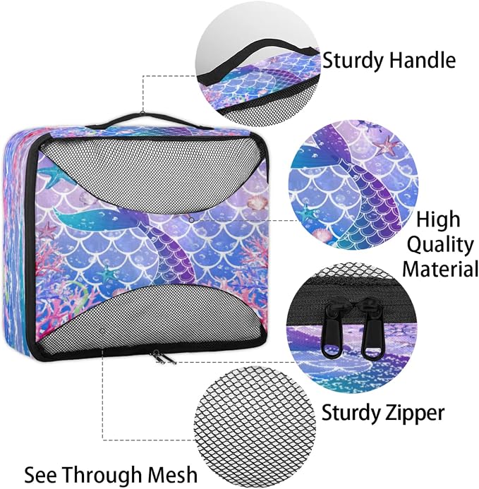 Mermaid Fish Scale Packing Cubes for Travel, Luggage Packing Organizers, Fishtail Travel Accessories Large Toiletries Bag for Clothes Shoes Cosmetics Toiletries