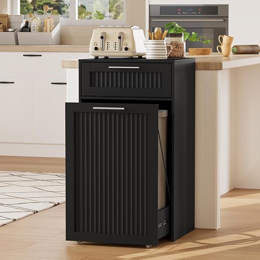 13 Gallons Pull Out Trash Can Cabinet, Hidden Trash Can, Black | Fluted Kitchen Trash Cabinet with Drawer, Freestanding Garbage Pet Proof Trash Can Holder for Laundry, Living Room