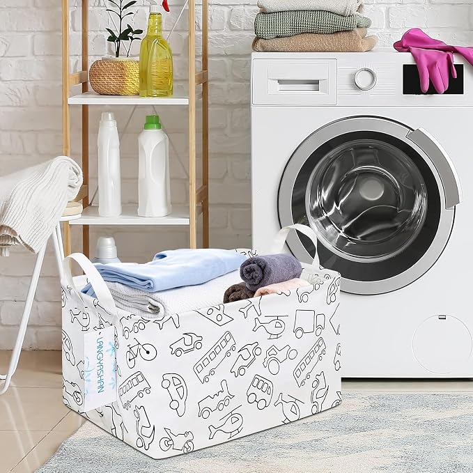 Rectangular Collapsible Vehicle Storage Basket Nursery Organizer | Storage Bin Foldable Canvas with Handles for Organizing Home Kitchen Children Toys Office Closet Shelf Baskets