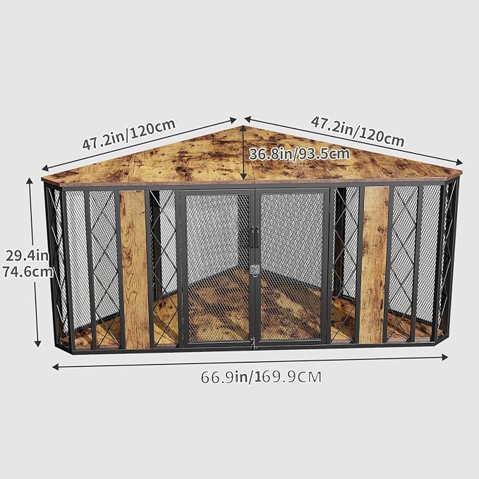 Spacesea Extra Large Corner Dog Crate Furniture, Heavy Duty Indoor Dog Kennel, End Table & TV Stand in 1, Chew-Proof Metal, Retro Brown Wood Panels, Space Saving Large Breed Dog Cage for Living Room