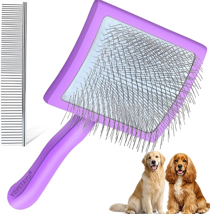 Dog Slicker Brush for Goldendoodles, Poodles & Long Haired Dogs - Long Pin Doodle Brush & Pet Comb Kit Removes Tangles Loose & Knots, Professional Grooming Tools with Wooden Handle, Purple