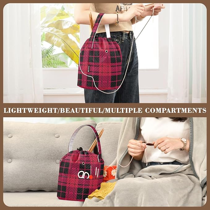 Tatenale Crochet Bag Yarn Bag Knitting Project Bag with Pockets and Handle Portable Yarn Storage Organizer Tangle Free 8.3x11 InchCheckered Red14