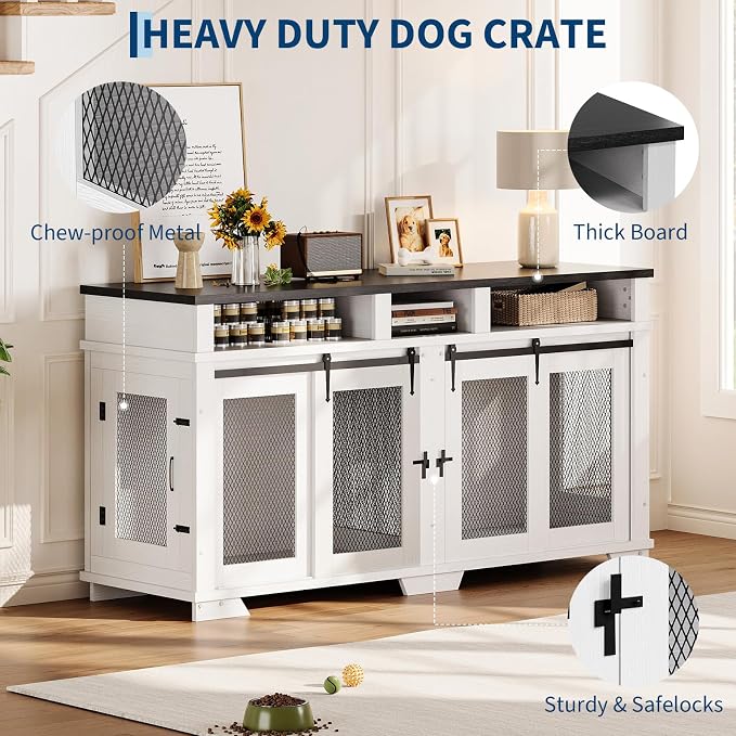 71" Dog Crate Furniture for 2 Dogs, Heavy Duty Indoor Dog Kennel TV Stand, End Table Dog Crate, XL Wooden Dog Cage with Divider for Medium Large Dogs