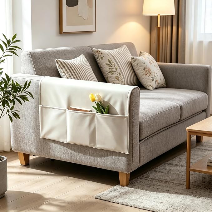 Sofa Armrest Cover with Pockets Set of 2 Furniture Protector Slip Technical Fabric Non Slip Recliner Organizer Remote Holder Caddy Accessories for Living Room Bedroom Kitchen Home 24*43.3 Inch Beige