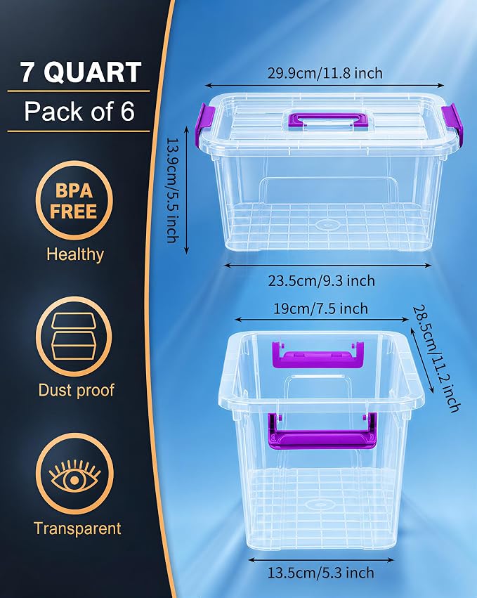 Storage Bins with Lids,7Qt Clear Stackable Storage Containers With Lids Buckle Latches.Perfect for LEGO, Crafts, Office Supplies, and Dorm Room Organization,6-Pack (Clear)