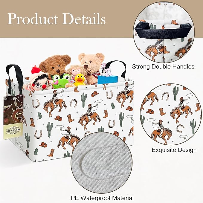 Rectangle Foldable Storage Basket Handles For Home, Cowboy | Waterproof canvas material, reinforced handles, perfect for shelf use, organizes clothes, daily items and pet supplies
